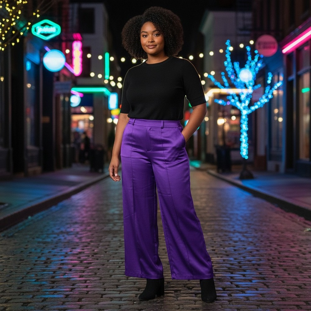 Lane Bryant Pants Womens 18 Purple Satin Wide Leg Pintuck Modern Chic NEW